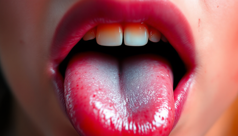 염증 부위가 보이는 혀의 클로즈업 사진