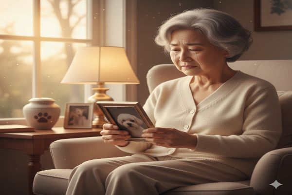 보호자가 강아지의 사진을 보며 슬픔에 잠겨 눈물을 흘리는 모습입니다