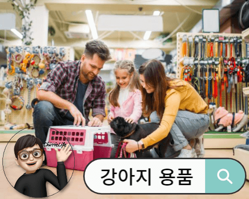 강아지 용품점에서 구매하는 가족들
