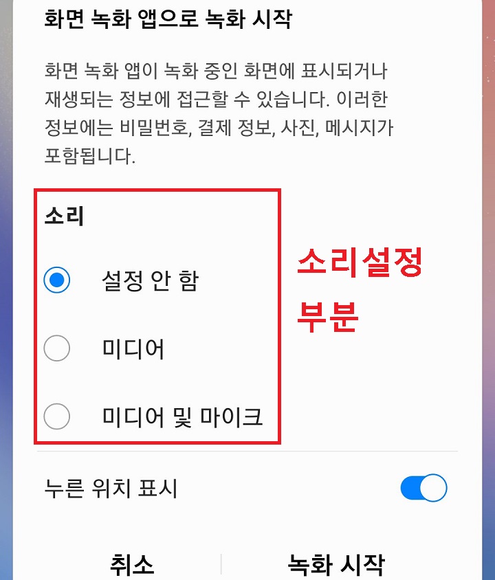 화면 녹화 앱 시작 부분 보임