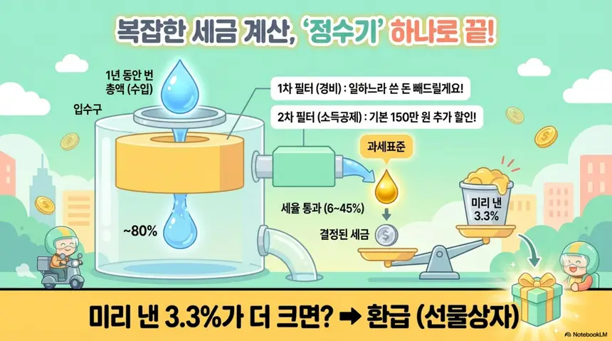 배달라이더 수입별 종합소득세: 배달라이더 종합소득세 계산 구조를 정수기에 비유한 인포그래픽. 1년 동안 번 총액인 수입이 입수구로 들어가 약 80%를 거르는 1차 필터인 경비와 기본 150만 원을 추가 할인하는 2차 필터인 소득공제를 거쳐 과세표준이 산출되고 세율 6에서 45%를 통과한 결정된 세금이 미리 낸 3.3%보다 작으면 환급받는 구조를 시각적으로 설명하는 이미지