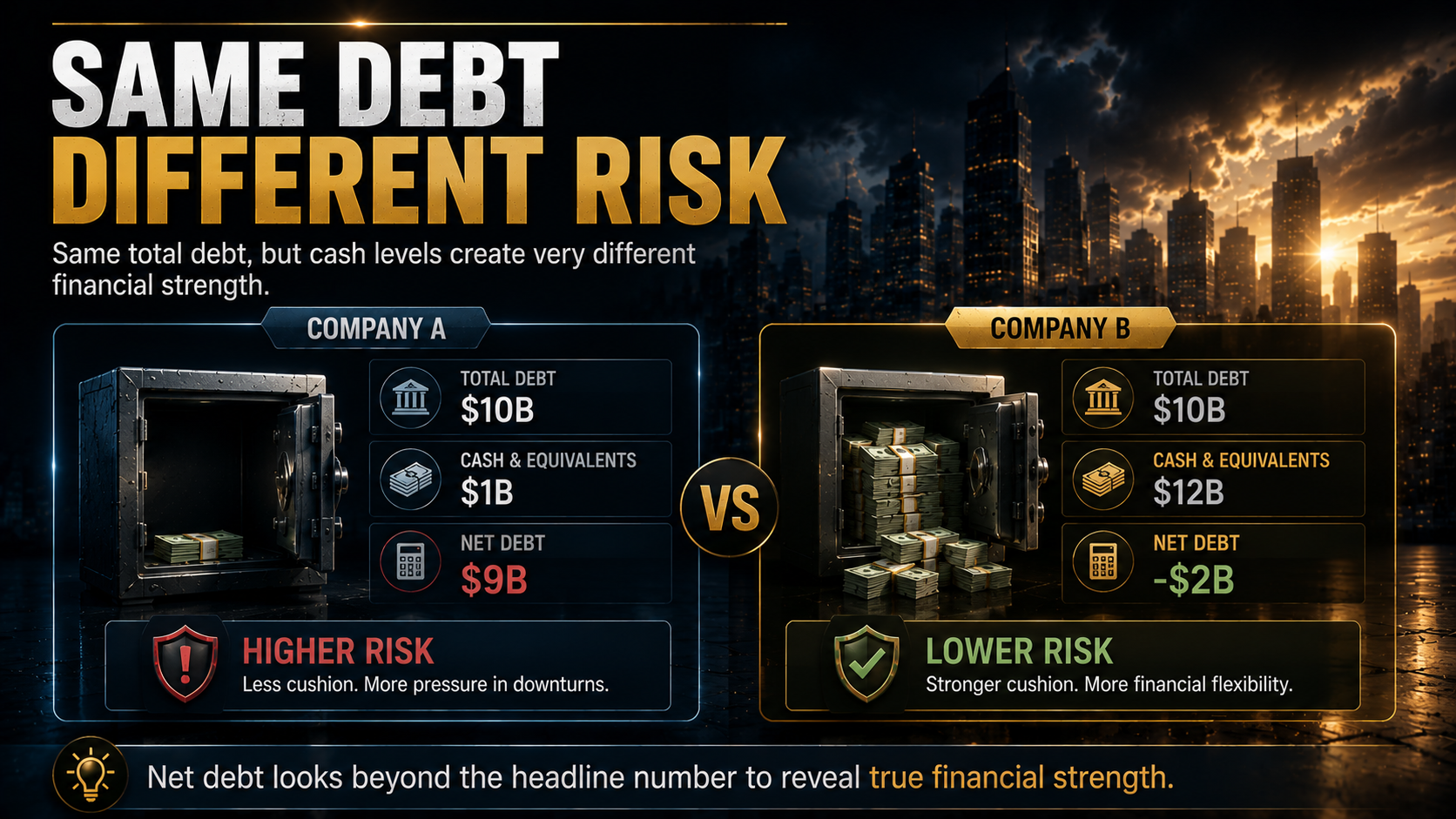 Companies with the same total debt but different cash holdings, net debt levels, and financial risk