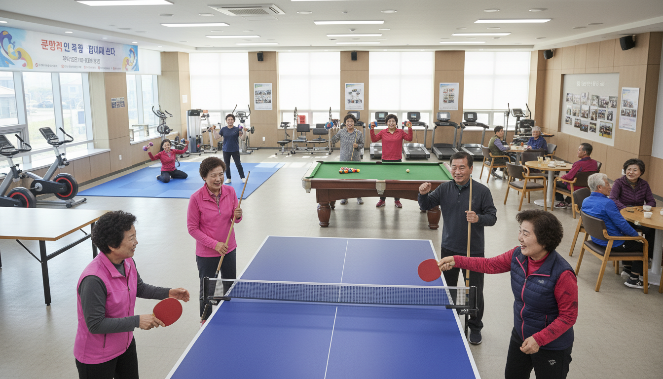 다양한 실내 스포츠 활동을 즐기며 교류하는 2026년 어르신들의 모습.