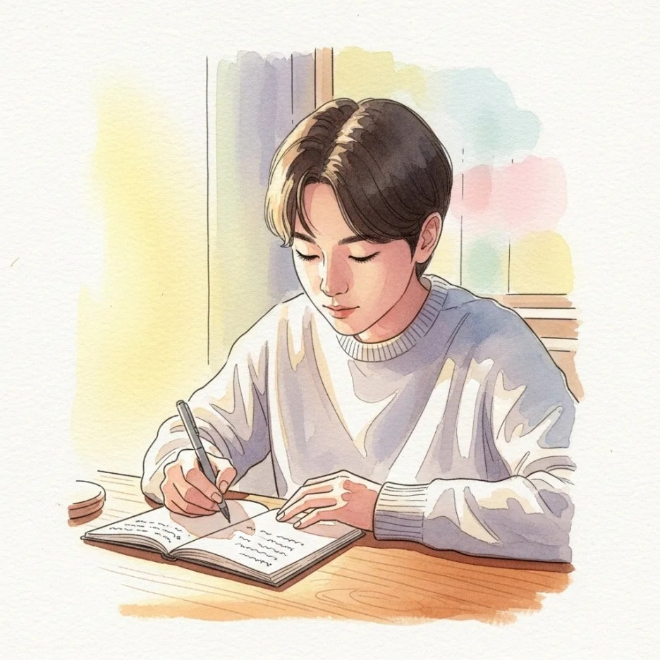 노트북에 정성껏 인사말을 적는 사람