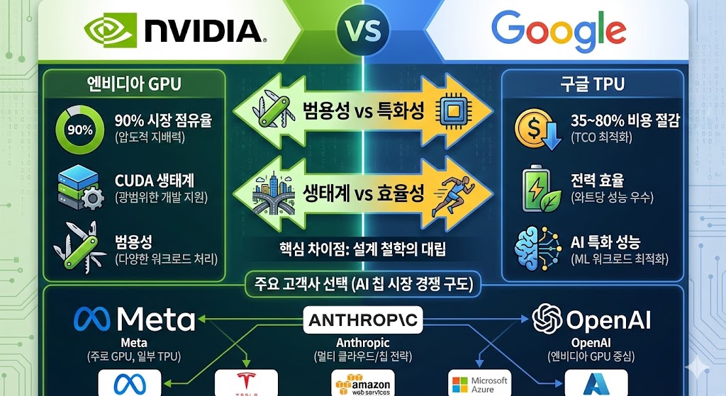 엔비디아 GPU와 구글 TPU의 주요 특징과 장단점을 비교한 인포그래픽으로 시장 점유율, 가격, 성능, 범용성 등을 시각화