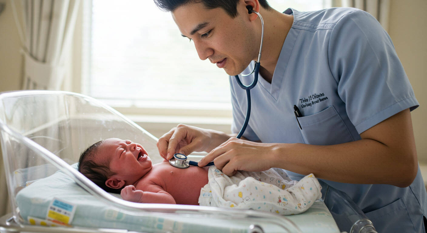 울고있는 간난아이를 의사가 청진하고 있다