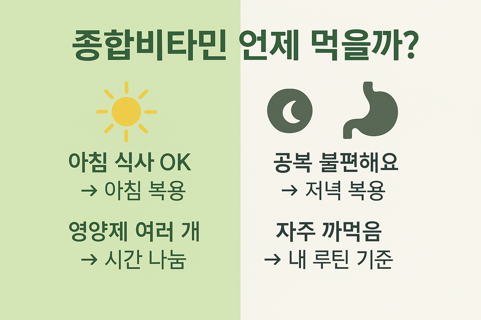 종합비타민 복용 시기를 아침 또는 저녁으로 선택할 때 고려해야 할 생활 습관과 소화 상태, 복합 영양제 복용 여부 등을 정리한 직관적인 상황별 추천 인포그래픽.