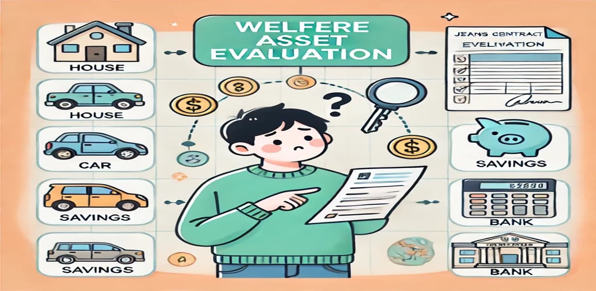 2025년 복지 신청 시 자산 평가 항목(주택, 전세보증금, 차량, 예금 등)을 검토하는 신청자의 장면을 담은 대표 이미지