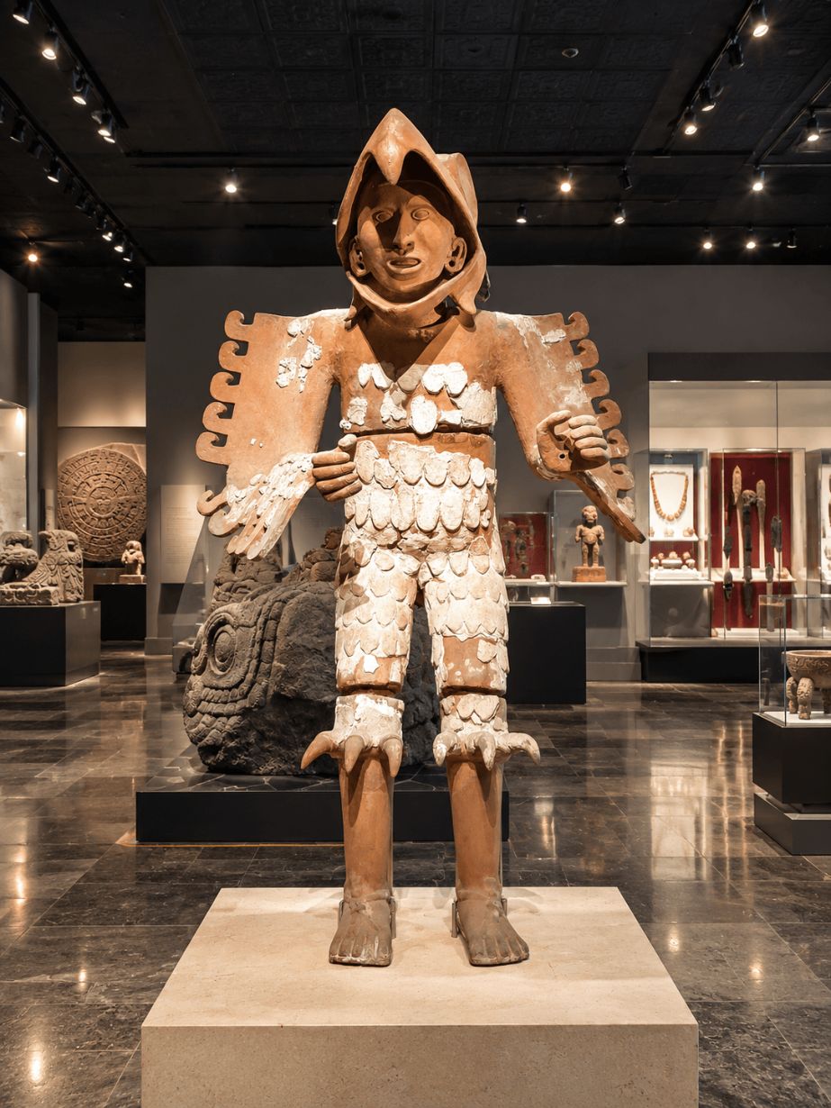 멕시코 템플로 마요르 박물관에 전시된 독수리 전사상(Eagle Warrior Sculpture). 독수리 부리 모양의 투구를 쓴 인간 형상의 점토 조각으로, 양팔의 날개 장식과 몸통의 깃털 무늬, 발톱 모양 장식이 선명하게 드러난 정면 모습.
