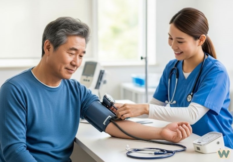 정기 건강검진을 받으며 혈압을 측정하는 중년 남성, 예방의학과 노년 건강 관리 via Gemini