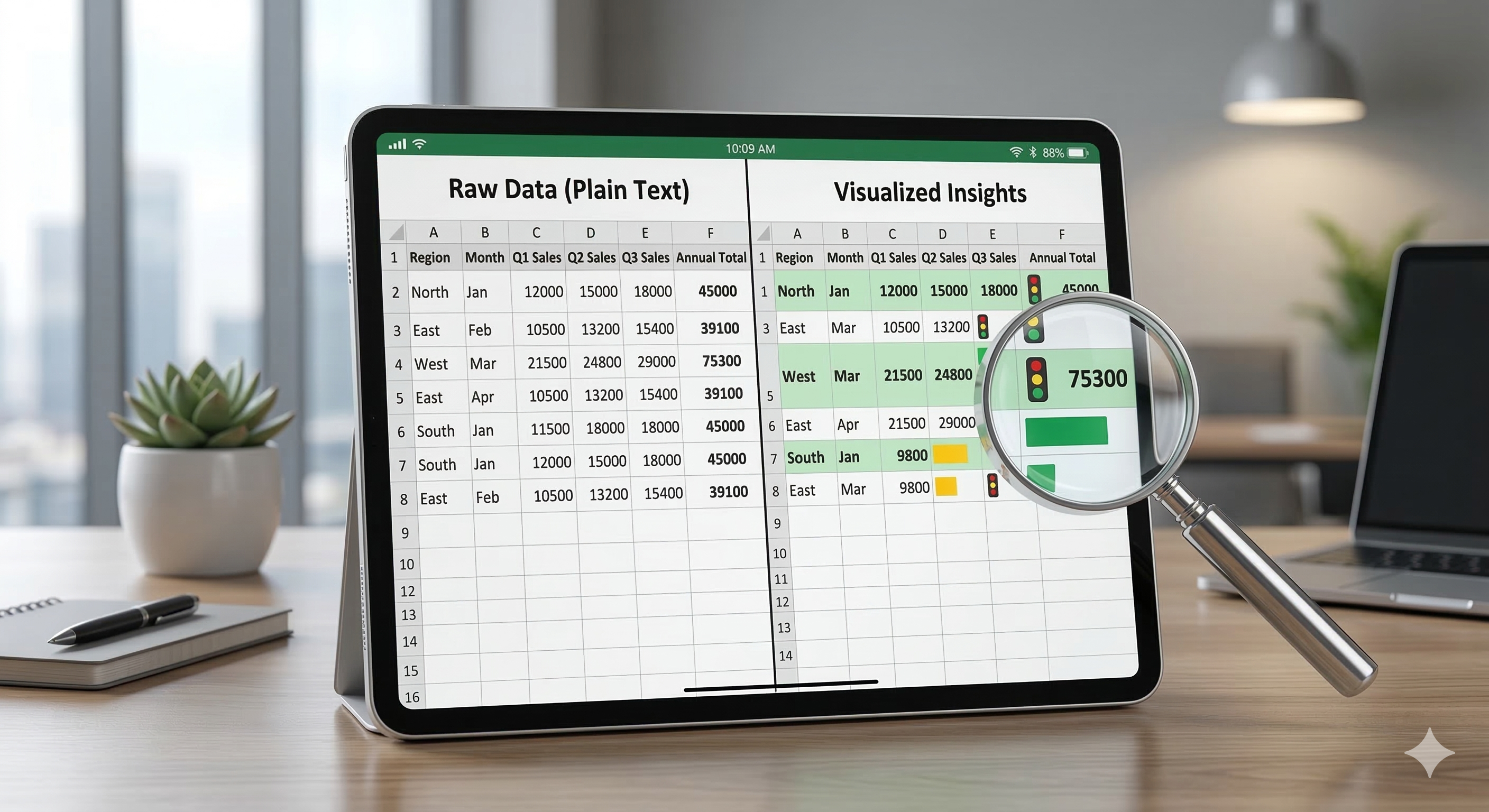 엑셀 조건부 서식 및 데이터 시각화 가이드 썸네일, 밋밋한 숫자 표가 색상 막대와 아이콘으로 화려하게 변하는 3D 일러스트