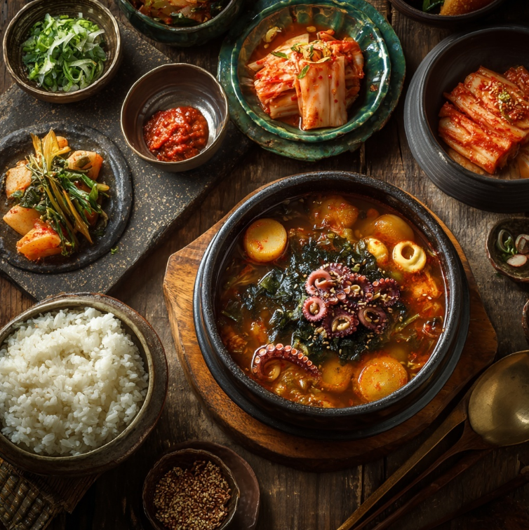 식사 차림 오징어무국과 김치