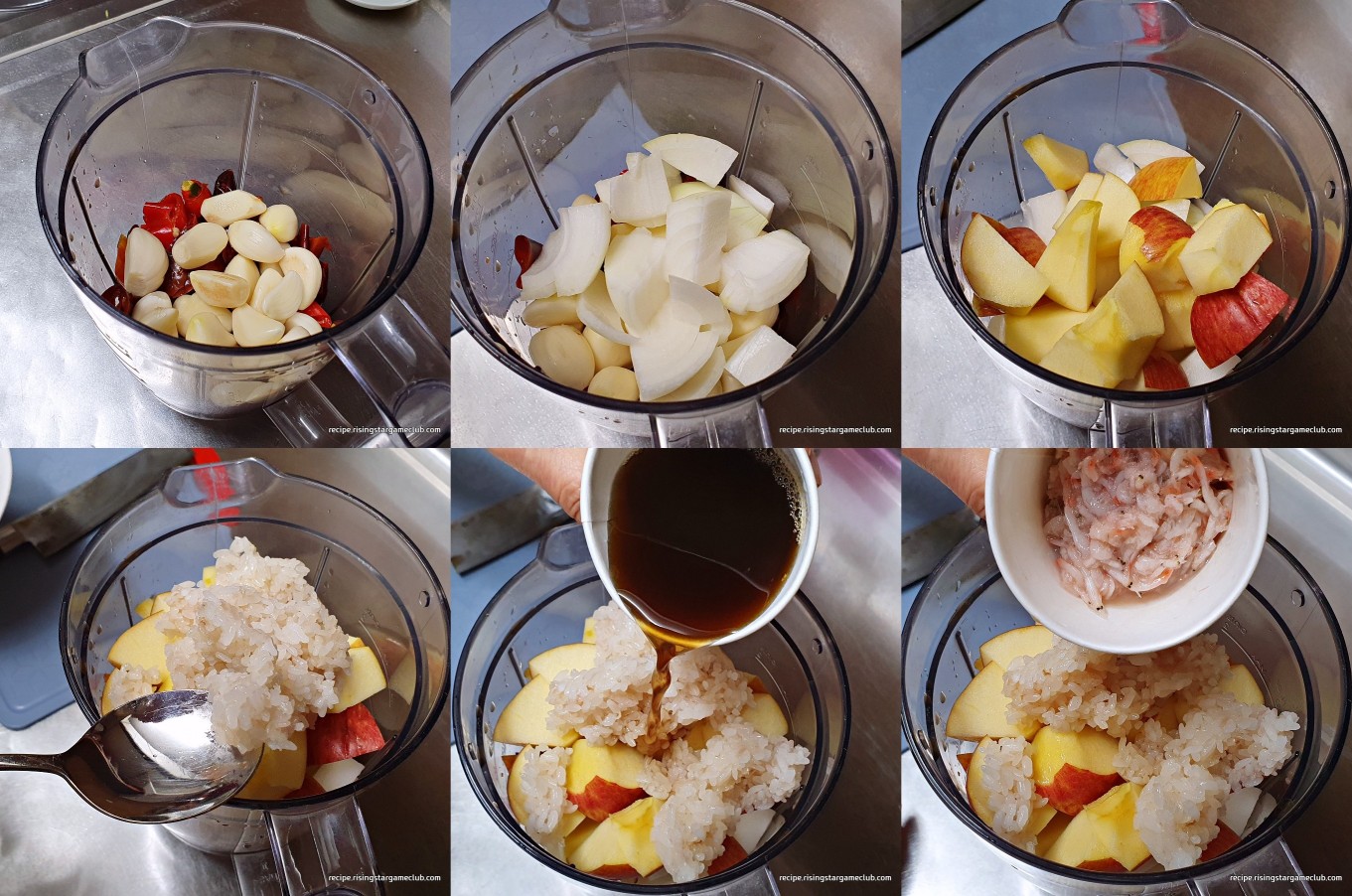 배추겉절이 양념으로 들어갈 마늘 한줌(약 20알), 양파 반개, 사과(작은 것) 1개, 액젓 2/3컵, 새우젓 2/3컵, 찬밥 2T 를 믹서기 통에 넣은 사진