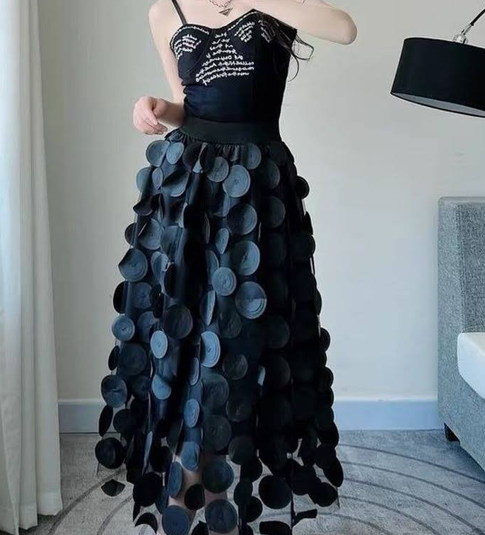 수 놓은 점 검은 색 긴 메쉬 스커트 발목 긴 거즈 여름 쉬폰 도트