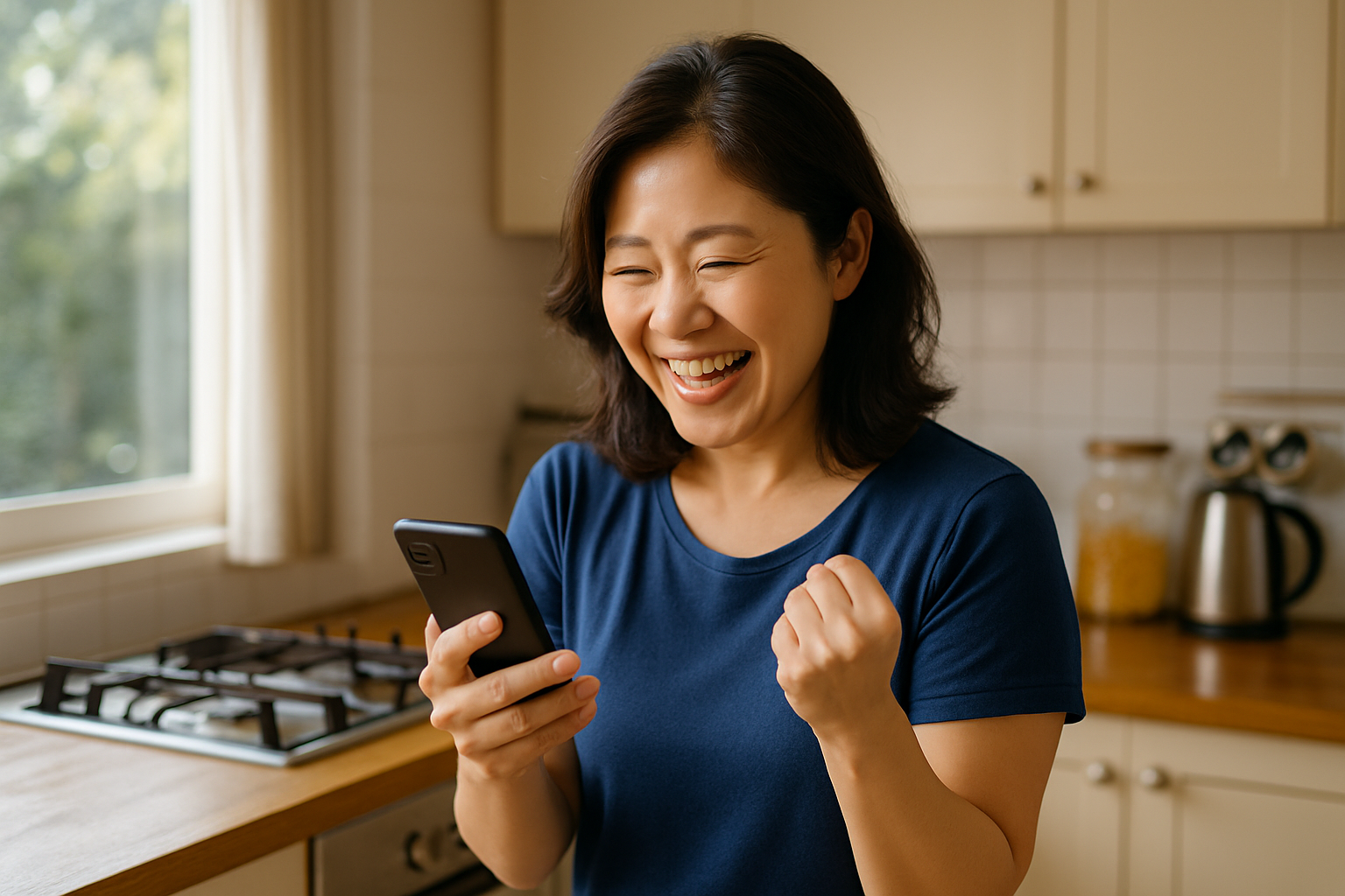 핸드폰을 보며 좋아하는 40대 여자