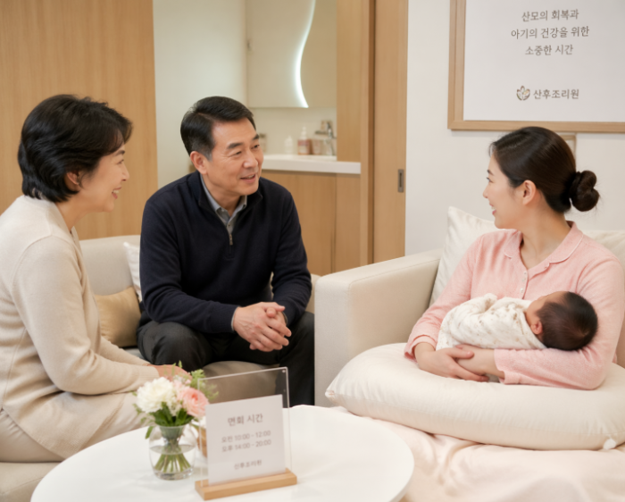 산후조리원 면회실에서 부모님이 방문해 산모와 신생아를 보며 대화를 나누는 따뜻한 가족 모습, 아기를 안고 있는 엄마와 미소 짓는 보호자 장면