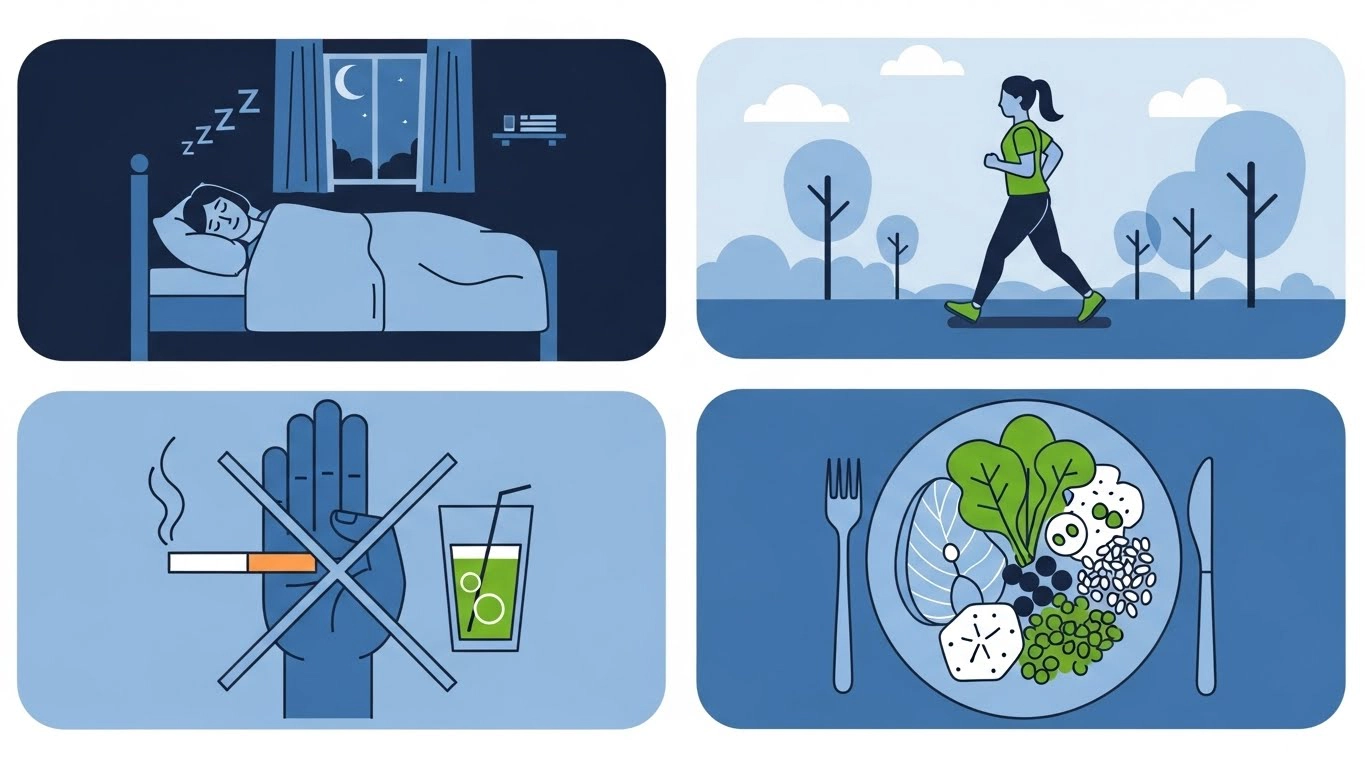 생활습관(자외선 차단&middot;수면&middot;금연 등)이 리프팅 유지에 영향을 주는 모습을 표현한 라이프스타일 이미지