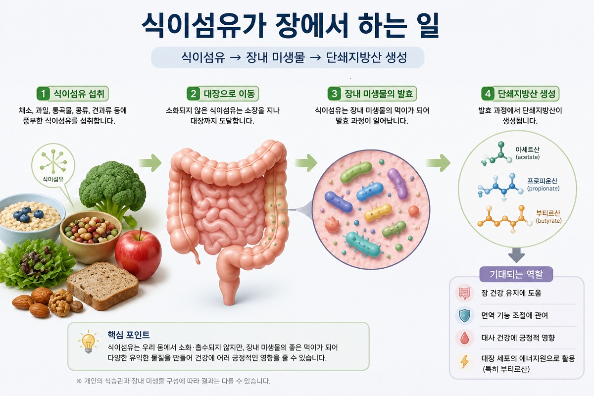 식이섬유가 대장에 도달해 장내 미생물에 의해 발효되고 단쇄지방산이 생성되는 과정