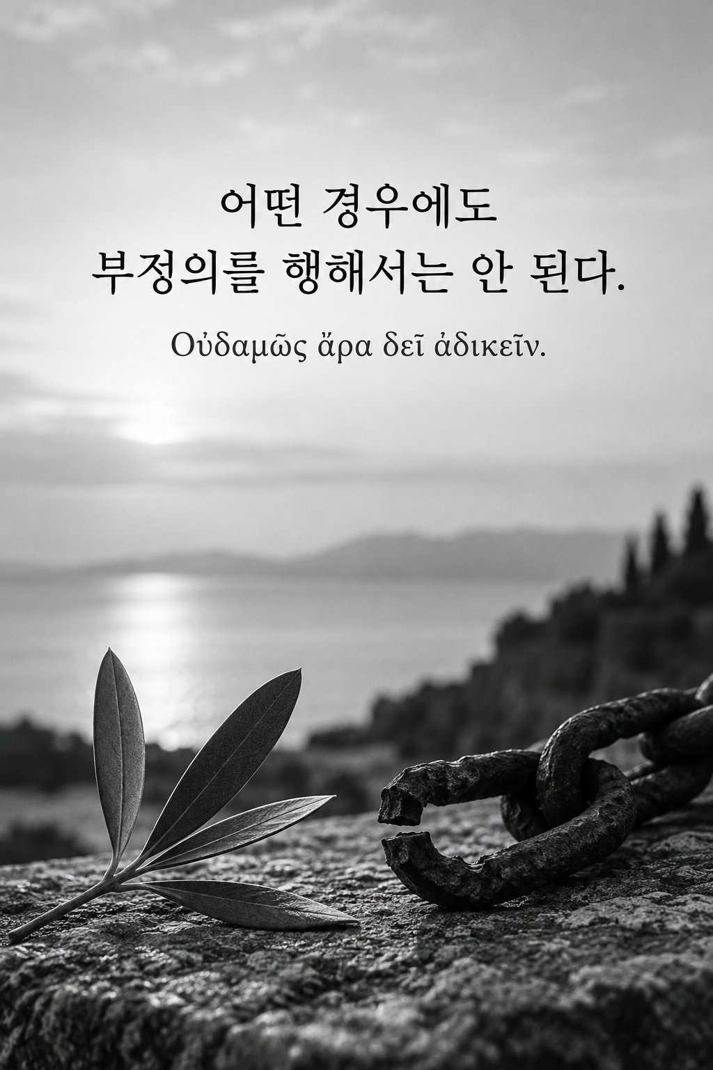소크라테스 명언 29 &mdash; 어떤 경우에도 부정의를 행해서는 안 된다. &mdash; 녹슨 사슬 옆에 놓인 올리브 잎