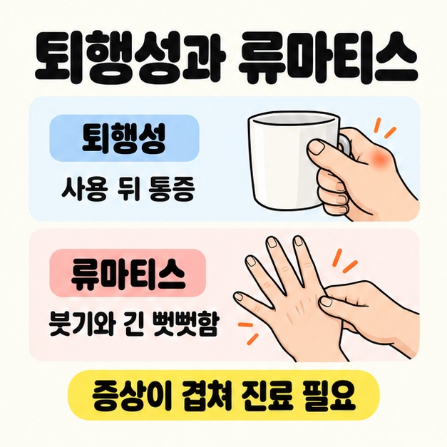 퇴행성의 사용 뒤 통증과 류마티스의 붓기 및 긴 뻣뻣함을 컵을 잡는 손과 손을 살피는 그림으로 비교하고 증상이 겹쳐 진료가 필요함을 강조한 안내