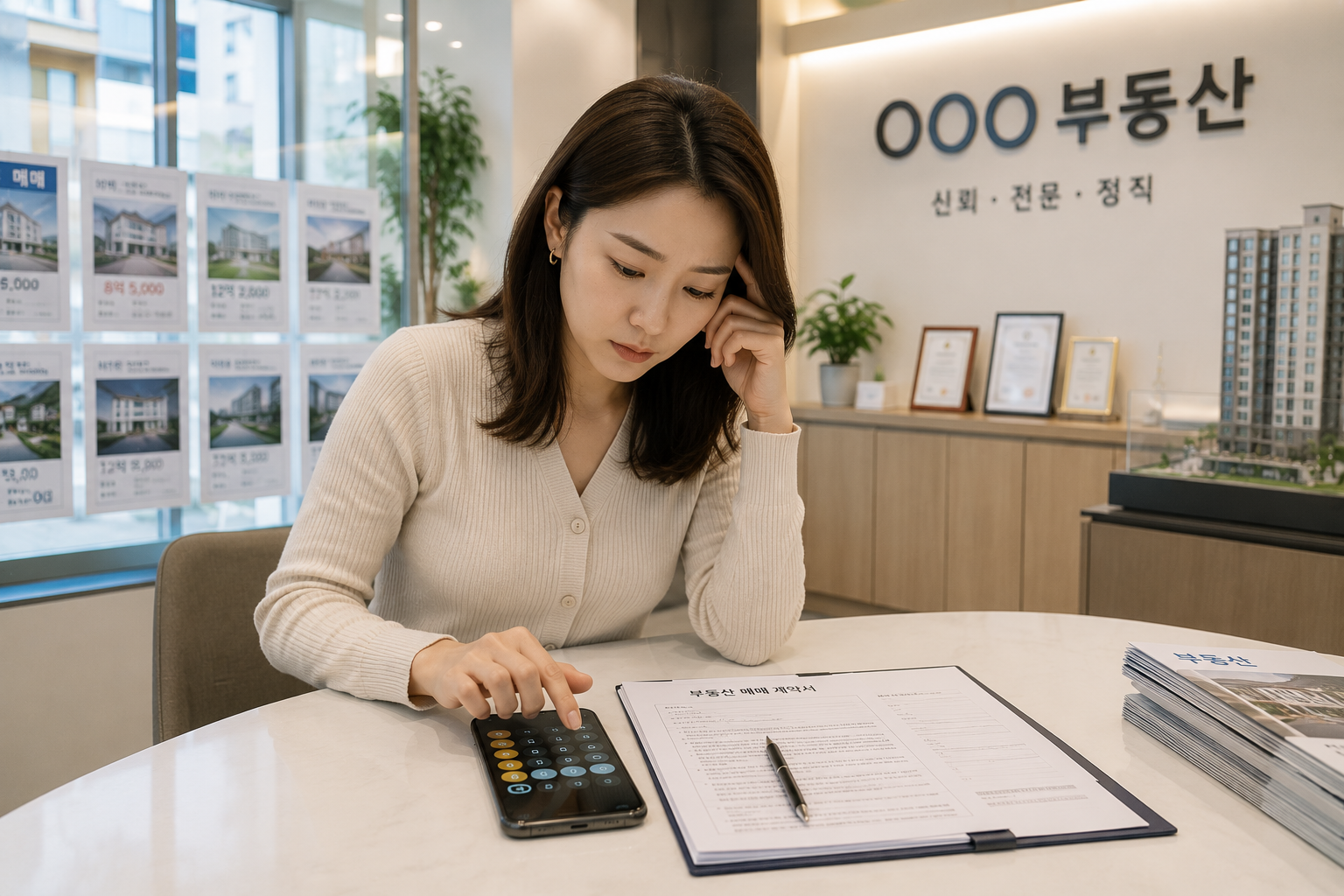 30대 여성이 부동산 중개사무소 테이블에 앉아 계약서를 펼쳐놓고, 스마트폰 계산기로 뭔가를 계산하는 장면.
밝고 깔끔한 인테리어의 부동산 사무소, 낮 시간대, 약간 긴장된 표정.
중개수수료 계산법을 설명하는 본문 앞에 배치할 이미지.