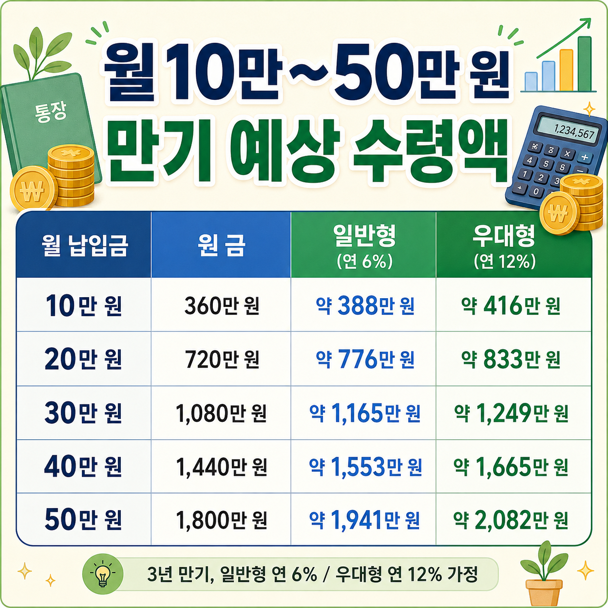 청년미래적금 일반형 우대형 만기 금액 10만,20만,30만,40만50만 비교 이미지