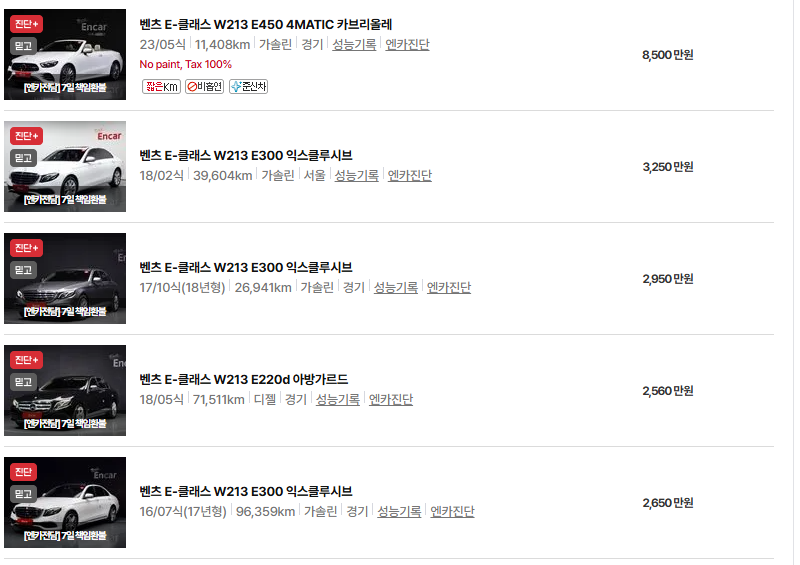 벤츠 E 클래스 중고차 가격 시세표 유지비