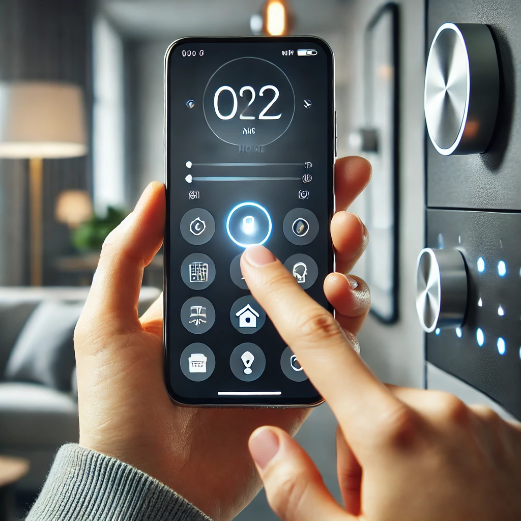 스마트폰으로 스마트홈 기기를 제어하는 손 클로즈업