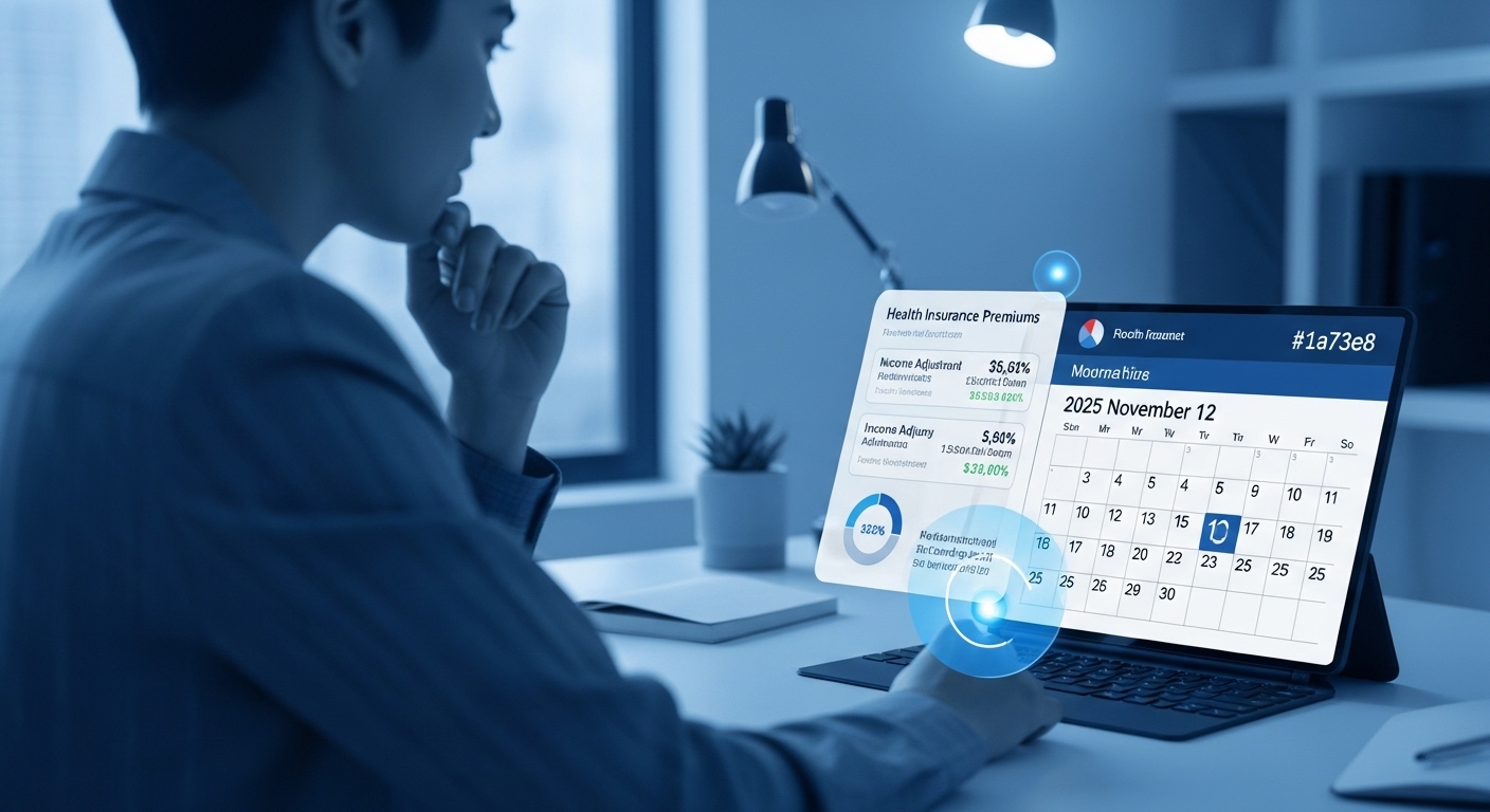 디지털 화면으로 건강보험료 조정 및 소득 변화 차트를 확인하는 사람의 모습. 2025년 11월 12일이 강조되어 있으며, 지역가입자 건보료 변화에 대한 정보를 탐색하는 모습을 나타냅니다.