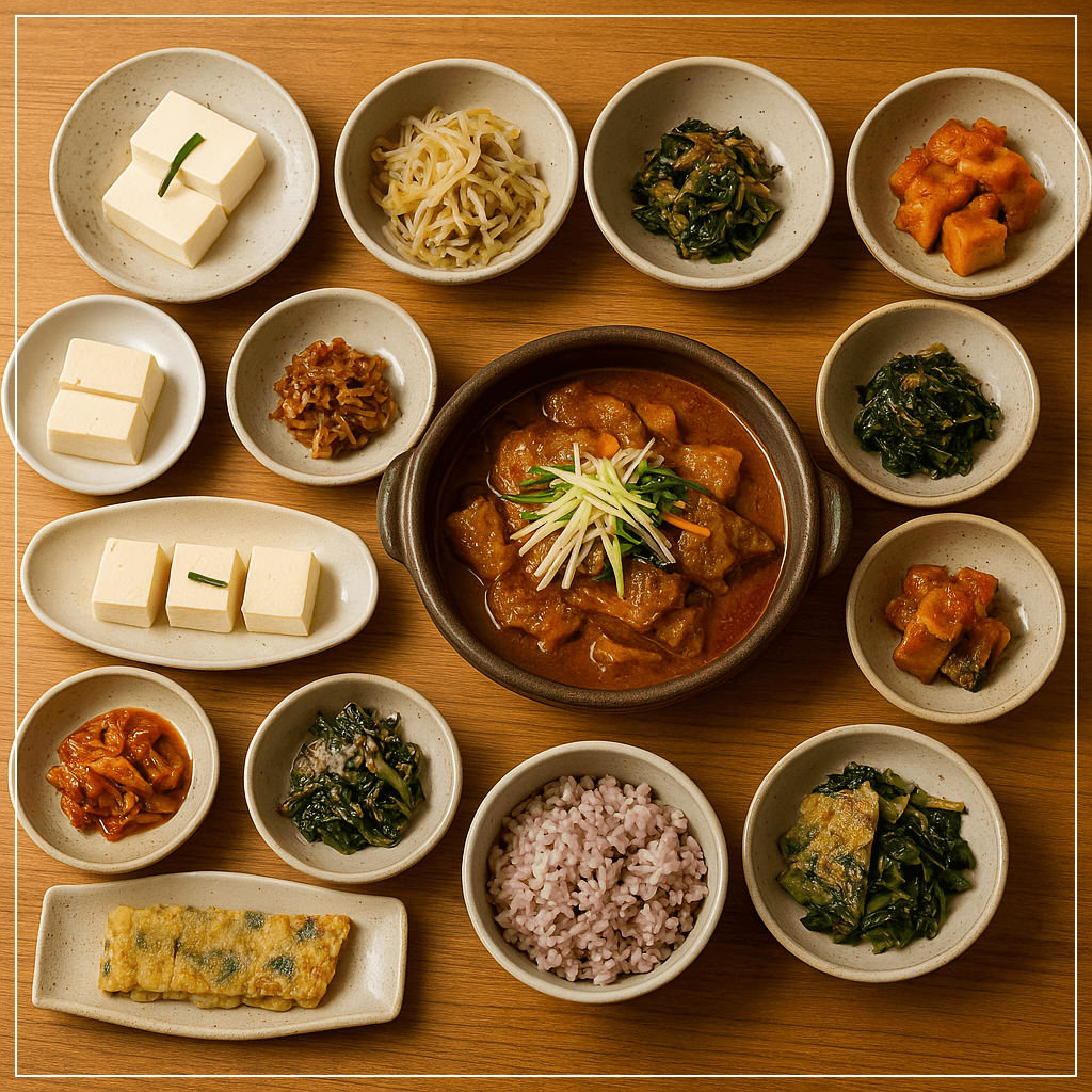 전통 한정식 10첩 반상이 상 위에 정갈하게 차려진 모습