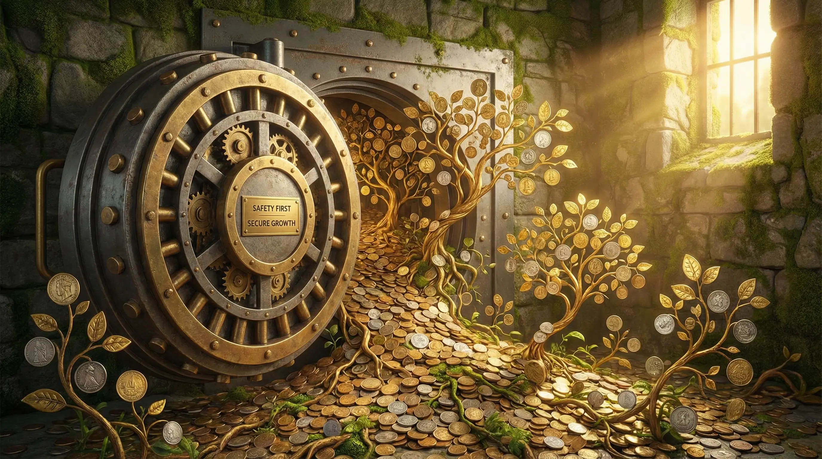 안전한 자산 관리를 상징하는 튼튼한 금고와 성장하는 동전들