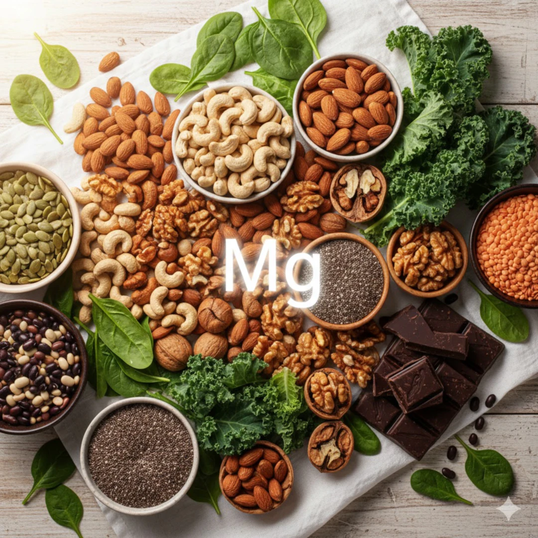 견과류(아몬드&amp;#44; 캐슈넛)&amp;#44; 씨앗류(호박씨&amp;#44; 해바라기씨)&amp;#44; 잎채소(시금치&amp;#44; 케일)&amp;#44; 콩류&amp;#44; 다크 초콜릿 등 마그네슘 함량이 높은 식품들을 신선하고 먹음직스럽게 한데 모아 놓습니다. 밝은 조명 아래 자연 그대로의 색감을 살려 배열하며&amp;#44; 중앙에 마그네슘(Mg)이라는 글자를 작게 삽입하여 주제를 강조합니다. 