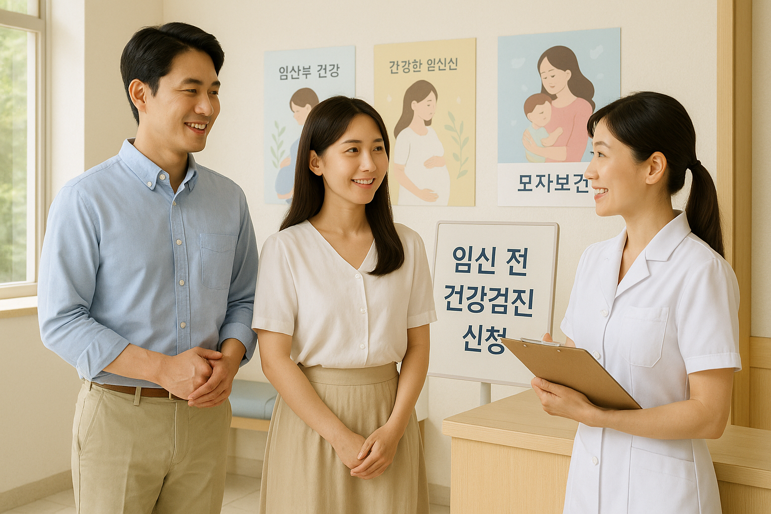  임신 전 건강검진을 신청하는 부부와 보건소 방문 장면