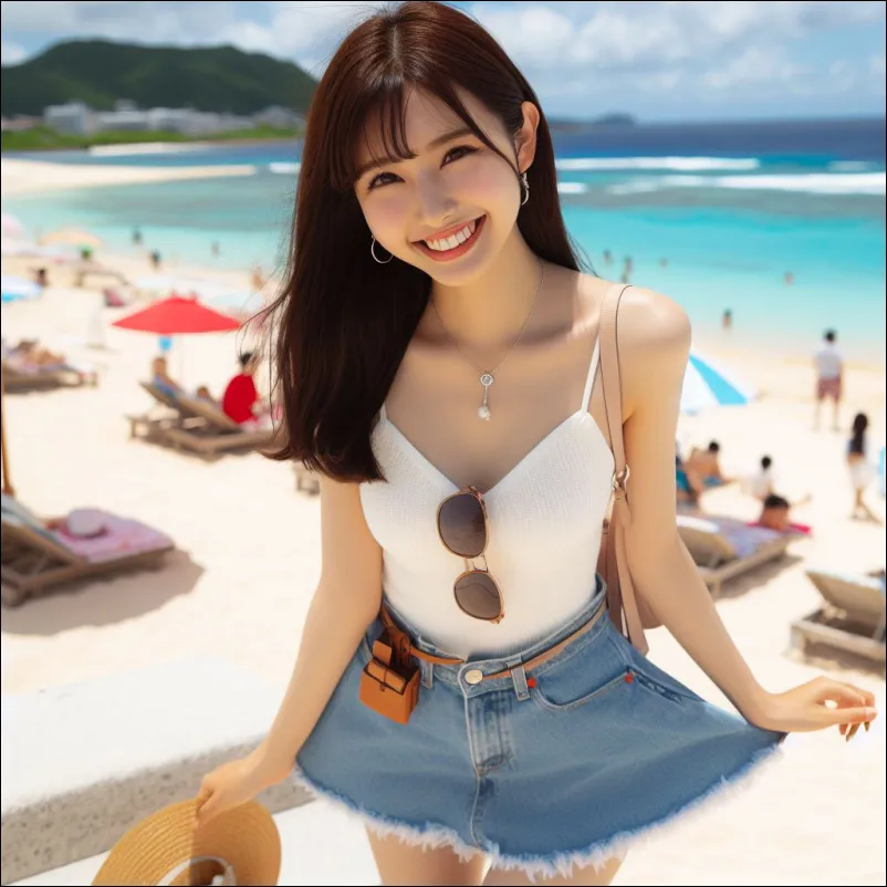 오키나와 온나손 해변을 즐기고 있는 여성