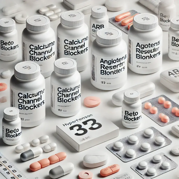 칼슘채널차단제, ARB, 베타차단제 등 고혈압 약이 밝은 배경에 정돈된 이미지, 약물 종류 비교 컨셉