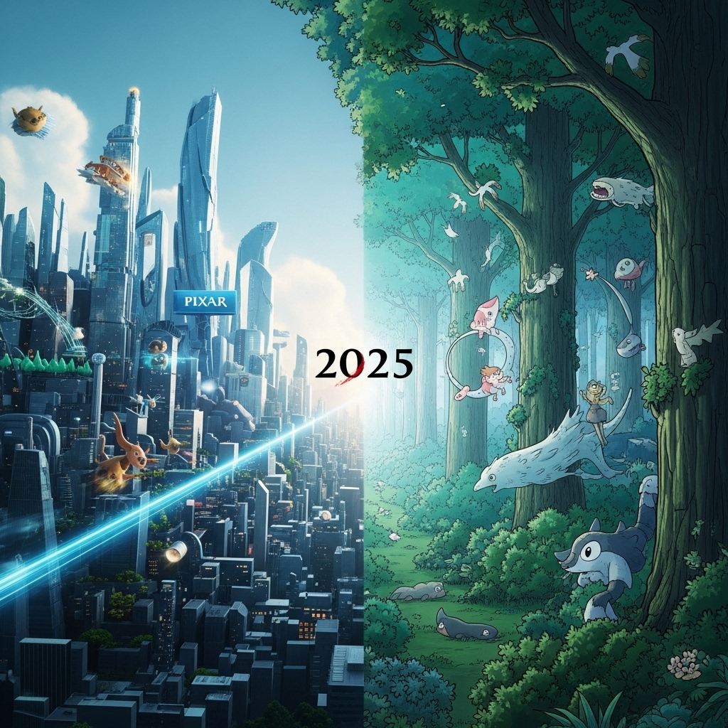 픽사의 첨단 기술력과 지브리의 서정적인 손그림 감성이 대비되며 어우러진, 2025년 애니메이션의 미래를 상징하는 예술적인 이미지.