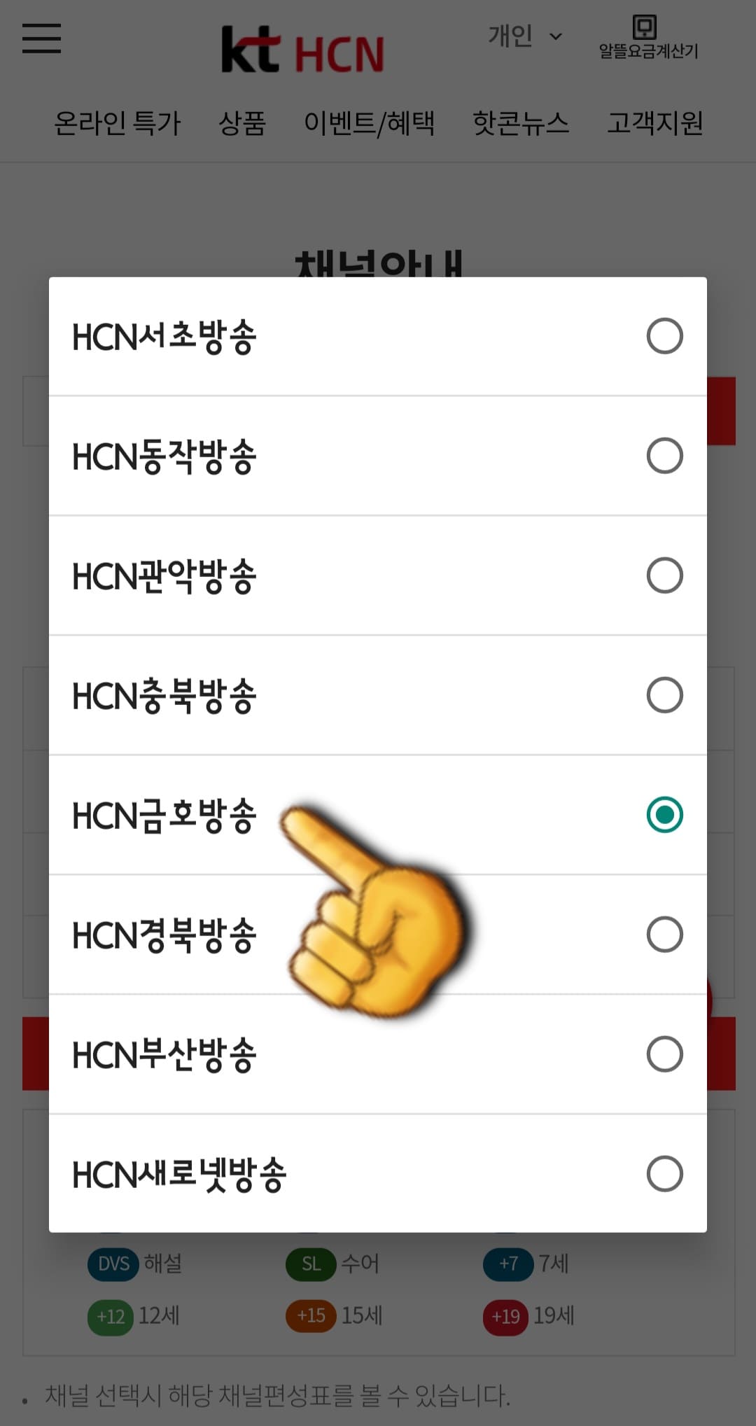 KT-HCN-금호방송-채널번호-및-편성표-확인-방법-안내-그다음,-지역-방송국을-HCN금호방송,-방송-선택도-다시-선택한-후,-원하는-방송-장르를-선택하면-되는데요.