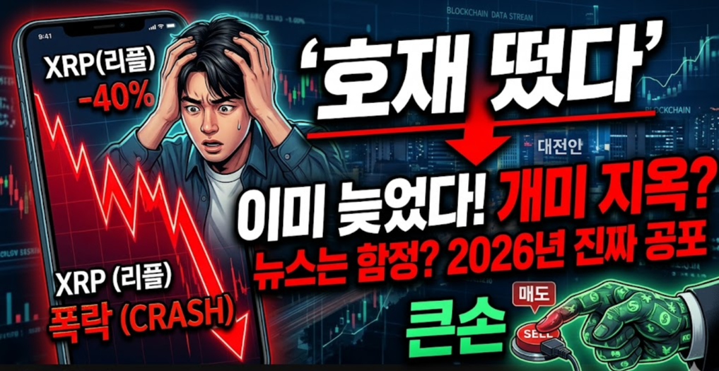 리플 폭락과 코인 시장의 호재 속 하락 함정을 나타내는 블로그 썸네일. 스마트폰 화면에 XRP 리플 폭락 그래프가 표시되어 있고, 머리를 감싸 쥐며 절망하는 남성과 대비되어 '호재 떴다' 문구 아래로 '이미 늦었다 개미 지옥'이라는 빨간색 경고 문구가 강조되어 있습니다. 하단에는 달러 패턴의 장갑을 낀 큰손의 손이 매도(SELL) 버튼을 누르는 모습이 대조적으로 그려져 있어 소문에 사고 뉴스에 파는 시장의 무서운 진실을 시각적으로 극대화했습니다.
