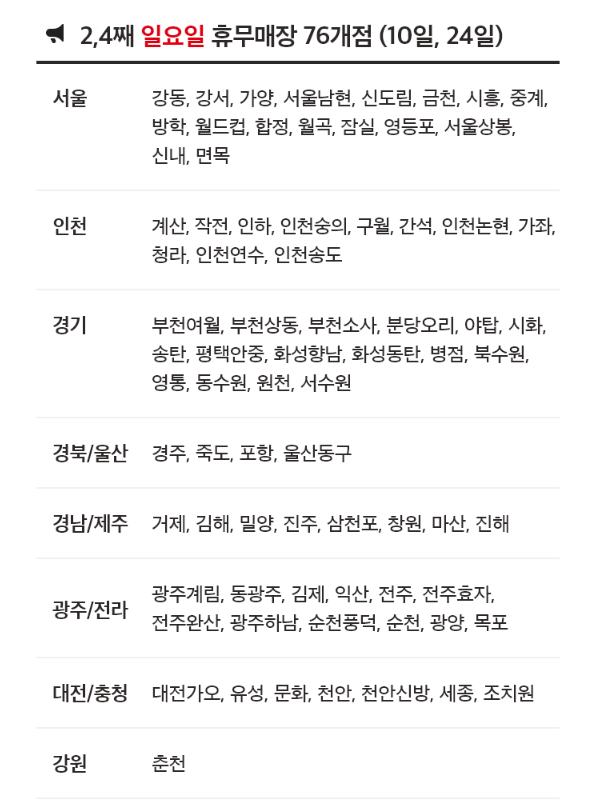 11월 홈플러스 휴무일 - 2,4째주 일요일