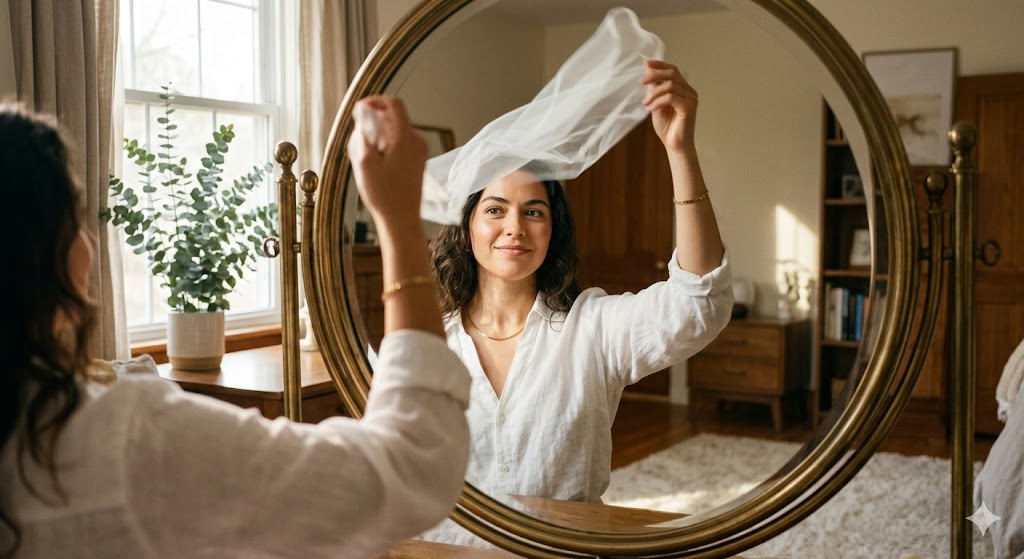 A woman confidently making eye contact with her reflection in a large round mirror as she lifts and removes a white translucent veil from her face, symbolizing a moment of self-recovery.