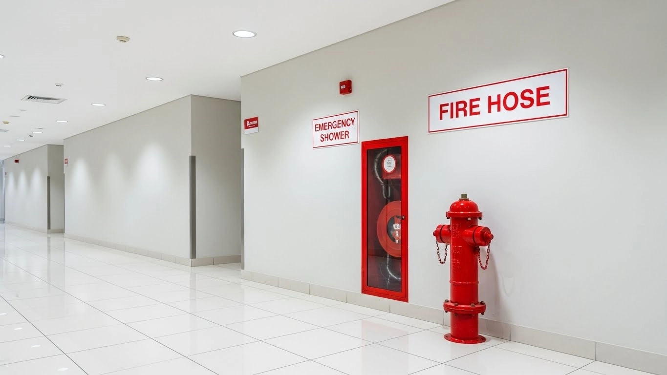 하얀색-벽으로-지어진-건물-복도에-소화전이-설치되어-있는-AI이미지