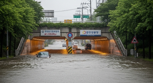 부산 사상구 지하차도에 물이 차오르는 모습