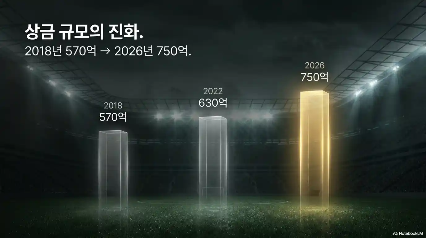 상금 규모의 진화를 보여주는 2018년 570억 원, 2022년 630억 원, 2026년 750억 원 월드컵 우승 상금 비교 그래프