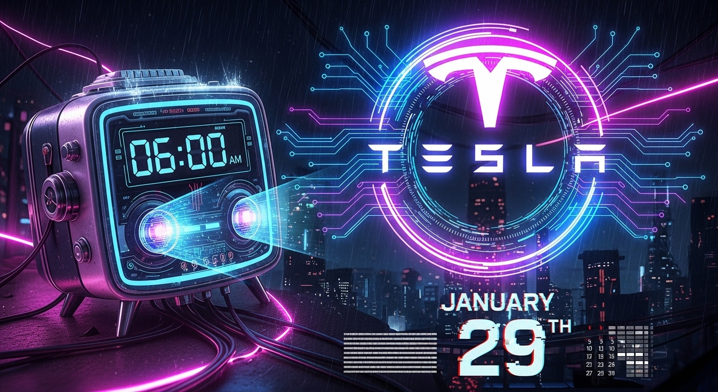 Cyberpunk style infographic with Tesla logo and alarm clock (0600 AM) on a January 29th calendar.