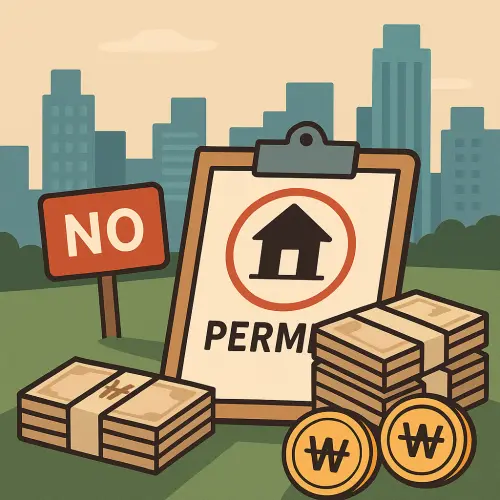 도시를 배경으로 토지거래허가를 상징하는 문서와 원화 지폐, 'NO' 표지판이 있는 그림