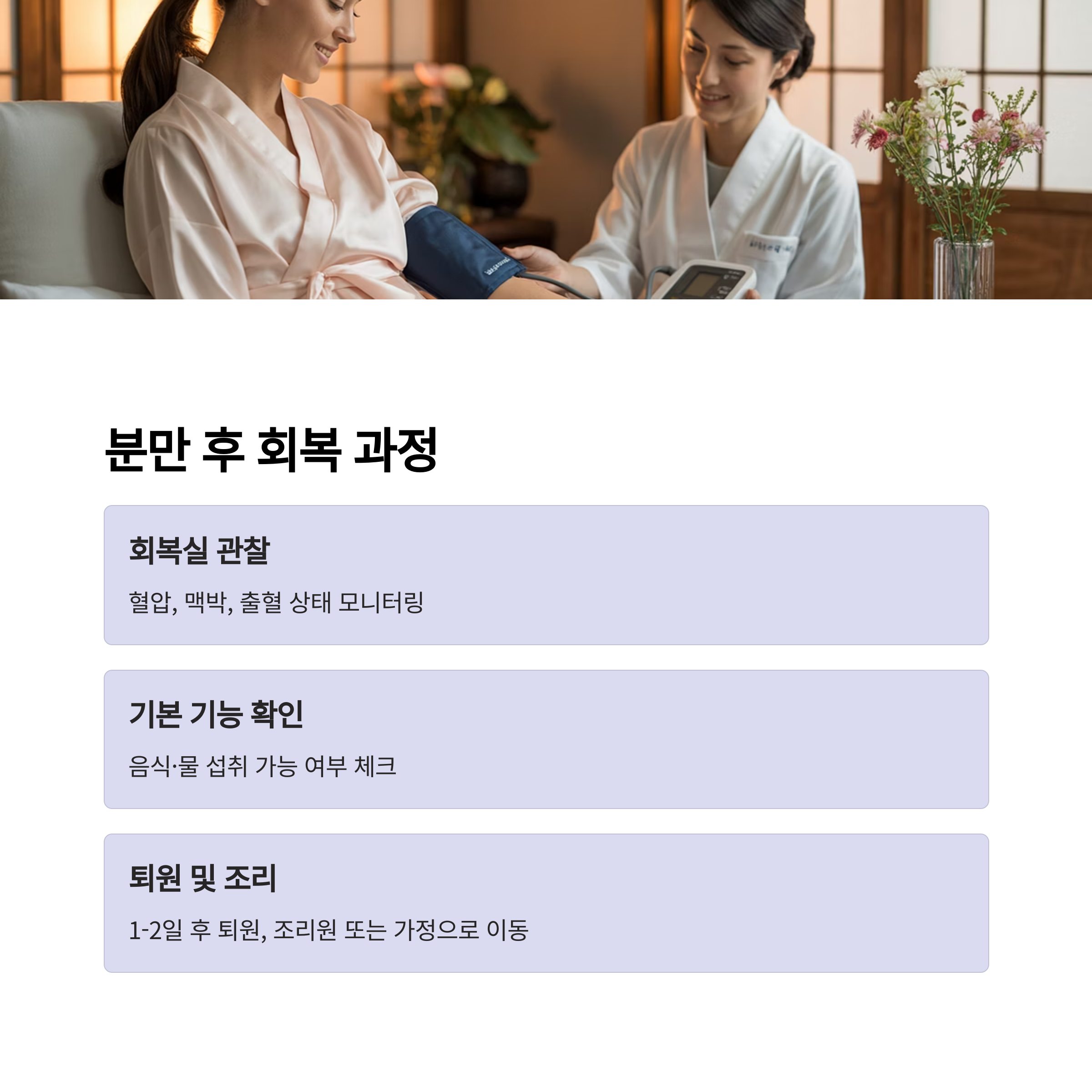 분만 후 회복실 관찰, 기본 기능 확인, 퇴원 및 조리 과정에 대해 설명한 인포그래픽