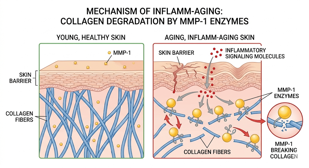 인플라마에이징 메커니즘 도표, MMP-1 효소에 의한 피부 콜라겐 분해 및 장벽 손상 과정