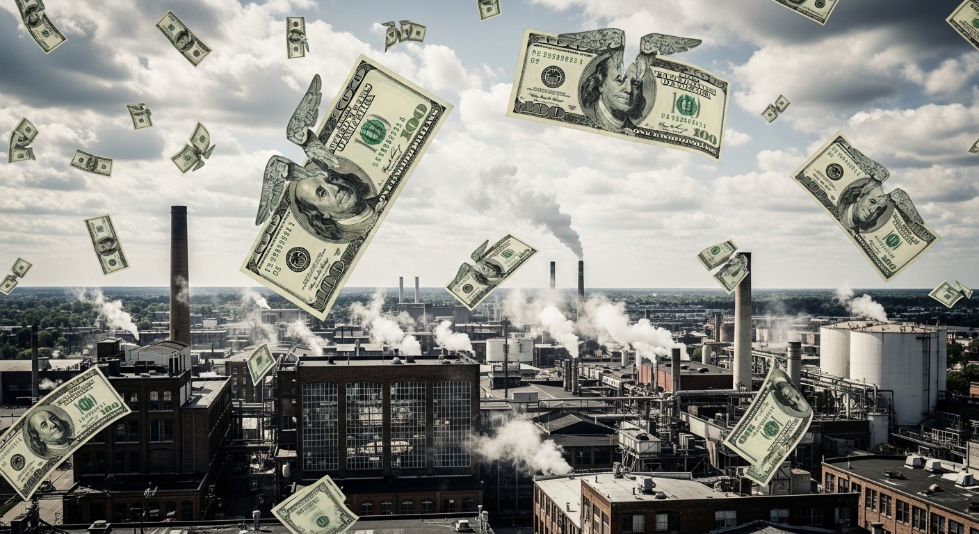 US dollar bills with broken wings falling down, while US factories below pump out smoke and operate actively (manufacturing revival).