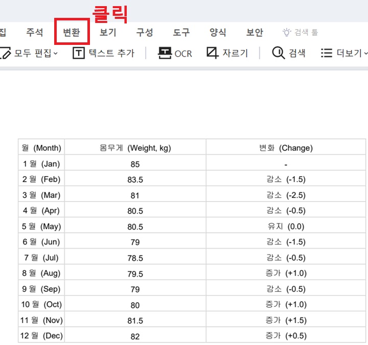 화면 상단에 변환 메뉴 보임