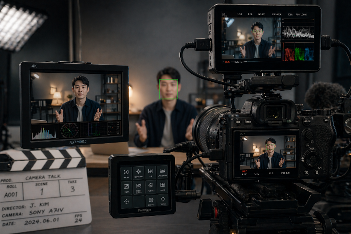 4K 영상 촬영과 초점 추적과 색보정 흐름을 보여주는 영상용 카메라 이미지